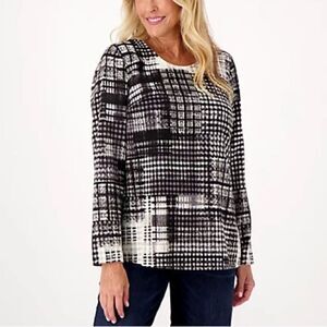 Denim & Co. Patchwork Plaid Stretch Woven Blouse